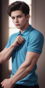 Young man in a teal polo shirt holding his fists near his chest in a strong, confident pose （ティール色のポロシャツを着た若い男性が胸元でこぶしを握り力強くポーズをとっている）