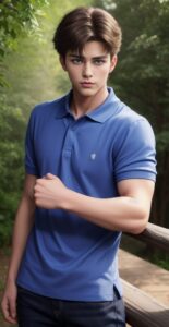 Young man in a blue polo shirt standing outdoors, clenching his fists with a serious face （青いポロシャツを着た若い男性が屋外で真剣な表情でこぶしを握っている）