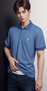 Young man in a blue polo shirt casually placing one hand on his stomach, looking slightly to the side （青いポロシャツを着た若い男性が片手をお腹に当て、少し横を見つめている）