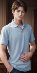 Young man in a light blue polo shirt placing his right hand firmly on his stomach with a neutral expression （水色のポロシャツを着た若い男性が右手をお腹にしっかり当てて、無表情で立っている）