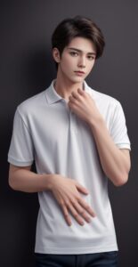 Young man in a white polo shirt gently placing both hands on his stomach while looking straight ahead （白いポロシャツを着た若い男性が両手をお腹に優しく当てて、まっすぐ前を見つめている）