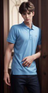 Young man in a sky blue polo shirt touching his stomach with one hand in a relaxed pose near a door （スカイブルーのポロシャツを着た若い男性がドアの近くで片手をお腹に当て、リラックスした姿勢をとっている）