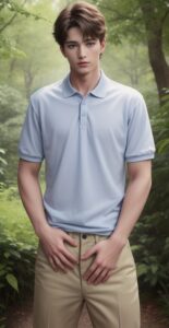 Young man in a pale blue polo shirt and khaki shorts outdoors, gently placing both hands at his crotch (薄青のポロシャツとカーキのショーツを着た若い男性が屋外で両手を股間にそっと添えている)