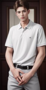 Young man in a white polo shirt standing with both hands placed over his crotch, looking forward calmly (白いポロシャツを着た若い男性が両手を股間に当てて落ち着いた表情で前を見つめている)