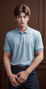 Young man in a light blue polo shirt posing with both hands at his crotch, slightly frowning indoors (水色のポロシャツを着た若い男性が屋内で軽く眉をひそめながら両手を股間に当ててポーズをとっている)