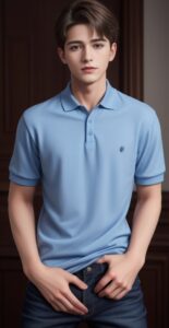 Young man wearing a blue polo shirt and jeans, holding both hands in front of his crotch while standing straight (青いポロシャツとジーンズを着た若い男性がまっすぐ立ち、両手を股間に添えている)