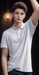 Young man in a white polo shirt raising his right arm, standing in a warmly lit room (白いポロシャツを着た若い男性が右腕を上げて、温かい照明の室内に立っている)