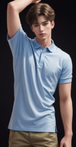 Young man in a light blue polo shirt lifting one arm behind his head with a relaxed expression (水色のポロシャツを着た若い男性がリラックスした表情で片腕を頭の後ろに回している)
