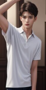 Young man in a white polo shirt raising one arm, posing calmly in a softly lit room (白いポロシャツを着た若い男性が片腕を上げて、穏やかな照明の部屋でポーズをとっている)