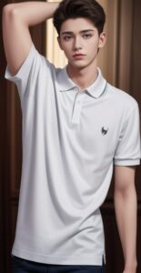 Young man in a white polo shirt with a logo, raising his left arm over his head while standing casually (ロゴ入りの白いポロシャツを着た若い男性が左腕を頭の上に上げてカジュアルに立っている)