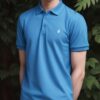 Young man in a bright blue polo shirt standing with his arms behind his back in front of green foliage （鮮やかな青のポロシャツを着た若い男性が、緑の葉の前で腕を後ろに組んで立っている）