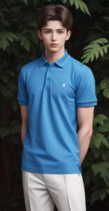 Young man in a bright blue polo shirt standing with his arms behind his back in front of green foliage （鮮やかな青のポロシャツを着た若い男性が、緑の葉の前で腕を後ろに組んで立っている）