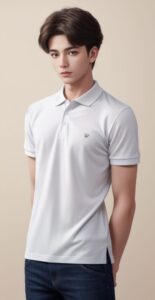 Young man in a white polo shirt with arms hidden behind his back, gazing softly indoors （白いポロシャツを着た若い男性が腕を背後に回し、室内で穏やかに見つめている）