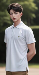 Young man in a white polo shirt posing with his hands behind his back outdoors in daylight （白いポロシャツを着た若い男性が屋外で手を背中に回し、自然光の中でポーズをとっている）