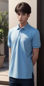 Young man in a light blue polo shirt standing in front of a building entrance with hands behind his back （水色のポロシャツを着た若い男性が建物の入り口前で両手を背中に回して立っている）