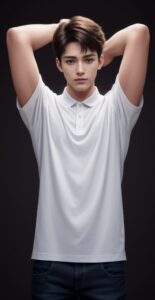 Young man in a white shirt with both hands resting behind his head, posing against a dark background (白いシャツを着た若い男性が、両手を頭の後ろに当てて暗い背景の前でポーズを取っている)