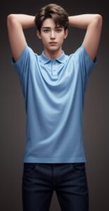 Young man in a blue polo shirt with both arms lifted behind his head, standing confidently (青いポロシャツを着た若い男性が、両腕を頭の後ろに上げて自信を持って立っている)