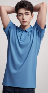 Young man in a sky-blue polo shirt with arms raised over his head, looking calmly at the viewer (空色のポロシャツを着た若い男性が、腕を頭の上に上げて穏やかにこちらを見つめている)