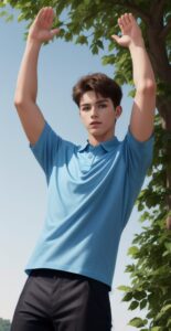 Young man in a light blue polo shirt stretching both arms upward under a tree (ライトブルーのポロシャツを着た若い男性が木の下で両腕を上に伸ばしている)