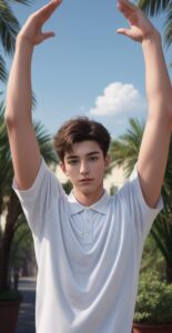 Young man in a white polo shirt raising both hands to the sky, with blue sky and clouds in the background (白いポロシャツを着た若い男性が両手を空に向かって伸ばし、背景には青空と雲が見える)