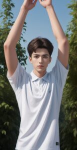 Young man in a white shirt reaching both arms upward in front of tall green trees (白いシャツを着た若い男性が、背の高い緑の木々の前で両腕を上に伸ばしている)