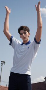 Young man in a white and navy-collared shirt raising both arms to the sky on a clear day (白地に紺の襟付きシャツを着た若い男性が、晴れた空の下で両腕を空に向かって伸ばしている)