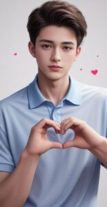 Young man in a light blue polo shirt smiling softly while making a heart sign with his fingers, surrounded by floating hearts (水色のポロシャツを着た若い男性が微笑みながら指でハートを作り、周囲には浮かぶハートがある)