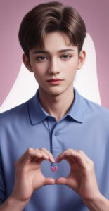 Young man in a blue polo shirt holding his hands together to form a heart in front of his chest, with a gentle expression (青いポロシャツを着た若い男性が胸の前で両手を合わせてハートを作り、優しい表情をしている)