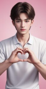 Young man in a white polo shirt standing against a pink background, making a hand heart with a calm look (白いポロシャツを着た若い男性がピンクの背景の前で落ち着いた表情をしながら手でハートを作っている)