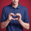 Young man in a navy blue polo shirt standing against a red background, forming a heart shape with his hands （ネイビーブルーのポロシャツを着た若い男性が赤い背景の前で手でハートの形を作っている）
