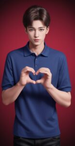 Young man in a navy blue polo shirt standing against a red background, forming a heart shape with his hands (ネイビーブルーのポロシャツを着た若い男性が赤い背景の前で手でハートの形を作っている)