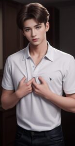 Young man in a white polo shirt lightly clutching his chest with both hands, standing indoors with a calm expression (白いポロシャツを着た若い男性が室内で穏やかな表情を浮かべながら両手で胸元を軽く押さえている)