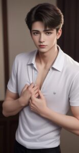 Young man in a white polo shirt placing both hands on his chest, looking softly forward in a warmly lit room (白いポロシャツを着た若い男性が優しい表情で前を見つめながら、暖かな照明の室内で胸元に両手を当てている)