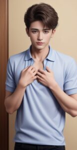 Young man in a light blue polo shirt with both hands on his chest, giving a thoughtful and gentle look (水色のポロシャツを着た若い男性が考え込むような穏やかな表情で胸元に両手を添えている)