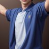 Young man in a dark blue polo shirt standing indoors with both arms stretched out to the sides （濃紺のポロシャツを着た若い男性が屋内で両腕を左右に広げて立っている）