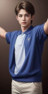 Young man in a dark blue polo shirt standing indoors with both arms stretched out to the sides （濃紺のポロシャツを着た若い男性が屋内で両腕を左右に広げて立っている）