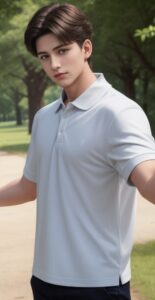 Young man in a white polo shirt outdoors with arms outstretched in a relaxed pose （白いポロシャツを着た若い男性が屋外でリラックスした様子で両腕を広げている）