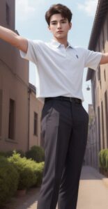 Young man in a white polo shirt confidently extending both arms while walking down a path between buildings （白いポロシャツを着た若い男性が建物の間の小道を歩きながら自信をもって両腕を広げている）