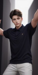 Young man in a black polo shirt spreading both arms wide in front of a modern wall （黒いポロシャツを着た若い男性が現代的な壁の前で両腕を大きく広げている）