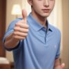Young man in a blue polo shirt giving a thumbs-up with a confident smile indoors （青いポロシャツを着た若い男性が室内で自信ありげに親指を立てて微笑んでいる）
