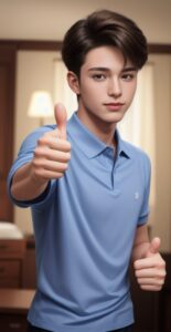 Young man in a blue polo shirt giving a thumbs-up with a confident smile indoors (青いポロシャツを着た若い男性が室内で自信ありげに親指を立てて微笑んでいる)