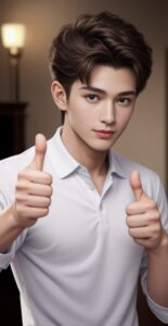 Young man in a white polo shirt showing both thumbs up, looking straight ahead with a bright expression (白いポロシャツを着た若い男性が明るい表情で前を向きながら両手で親指を立てている)