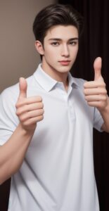 Young man in a white polo shirt raising both thumbs, standing calmly in a softly lit room (白いポロシャツを着た若い男性が穏やかな室内で両手の親指を立てている)