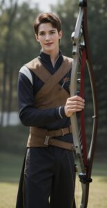 弓を持って微笑むアーチェリーウェアの青年、屋外の芝生でポーズ A young man in archery wear smiling while holding a bow, posing on a grassy outdoor field
