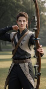 片腕を上げて構える姿勢のアーチェリーウェアの青年、緑の公園にて A young man in archery wear raising one arm in shooting stance, standing in a green park