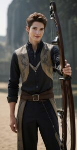 シックなアーチェリーウェア姿で弓を手に持つ青年、石造建築を背に微笑む A young man holding a bow in sleek archery wear, smiling with stone architecture in the background