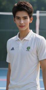 バドミントンコートの前で白いユニフォームを着て立つ青年、爽やかな表情 A young man in a white badminton uniform standing in front of the court with a fresh expression