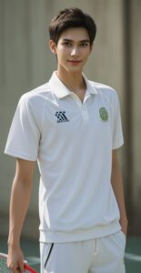 建物の前で手を下ろしながらカメラを見つめるバドミントンウェアの青年 A young man in badminton wear standing in front of a building, looking directly at the camera