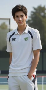 ポケットに手を入れリラックスした姿の青年、バドミントンコートで佇む A young man standing relaxed with his hand in his pocket on a badminton court