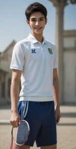 ラケットを持ち笑顔を見せるバドミントンウェアの青年、背景に石造の柱 A young man in badminton wear smiling with a racket in hand, stone columns in the background